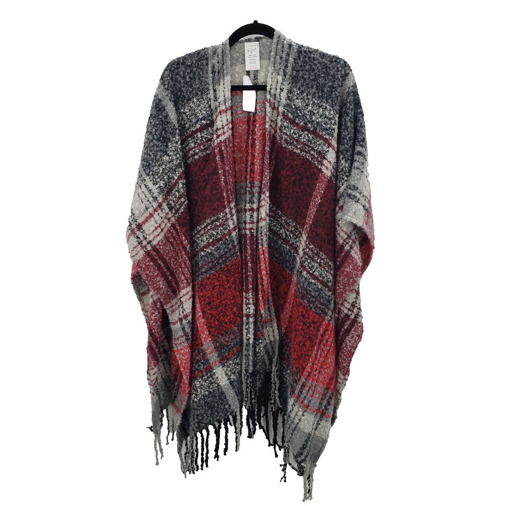 Woolrich Plaid Sweater Shawl Womens One Size Fits All Fringe Soft Thick Red Gray